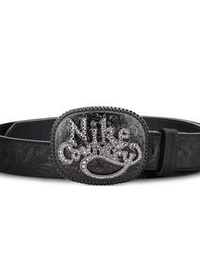 Nike Country Rhinestone Plaque Buckle Embossed Leather Belt - Black - Size L